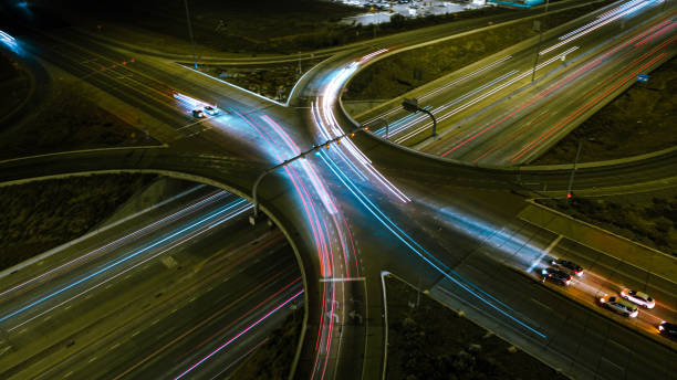 istock Night time drone shot of a busy highway 1452819856