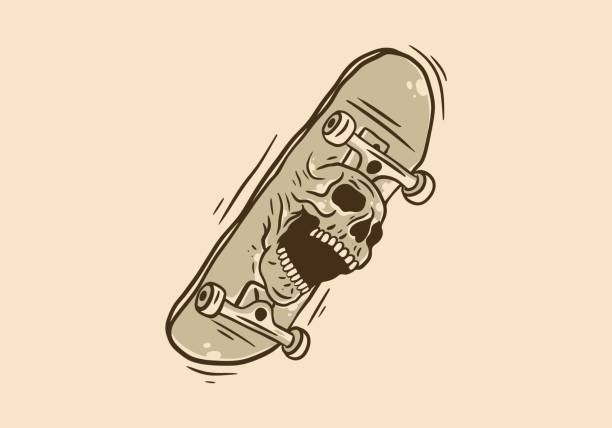 Vintage art illustration of a skateboard and skull Vintage art illustration design of a skateboard and skull skateboard tattoo stock illustrations