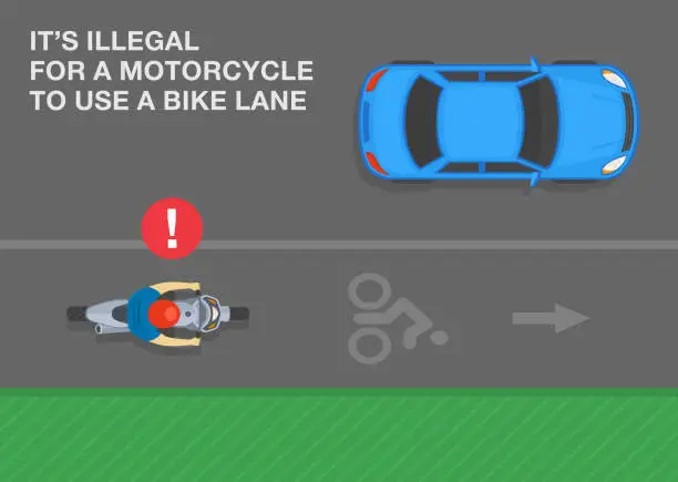 Vector illustration of It is illegal for a motorcycle to use a bike lane. Top view of a biker riding on the bike lane.