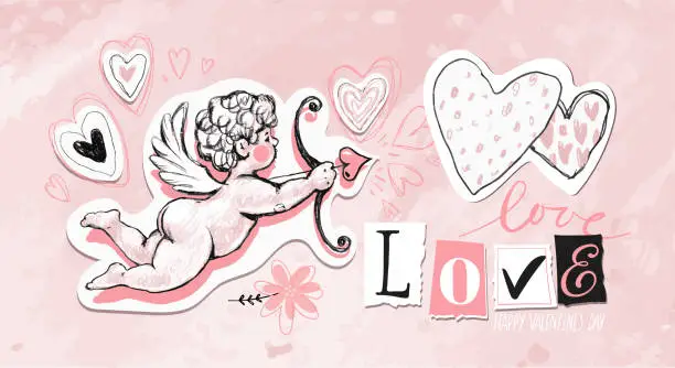Vector illustration of Modern romantic banner, Love, hearts and cupid with arrow, Valentine s Day card, invitation for wedding, date and relationship as a couple. Vintage vector pink background.
