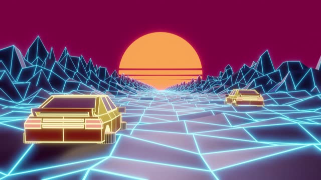 Looping Retro Vaporwave Style Side Strafing Two Flying Cars on Grid Landscape and with Sunset Background 3D Animation Stock Video