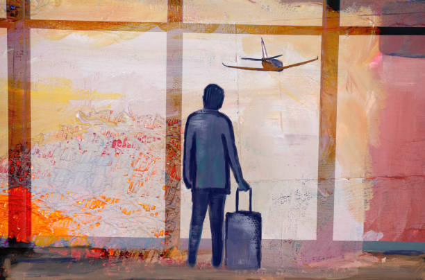 Man at airport looking at airplane taking off. Waiting for flight. Man in airport looking through window at airplane flying. Concept of cancelled flight, missing flight, waiting to board. aircraft painting stock illustrations