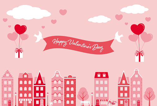 valentine’s day vector background with city landscape with houses and heart balloons for banners, cards, flyers, social media wallpapers, etc.