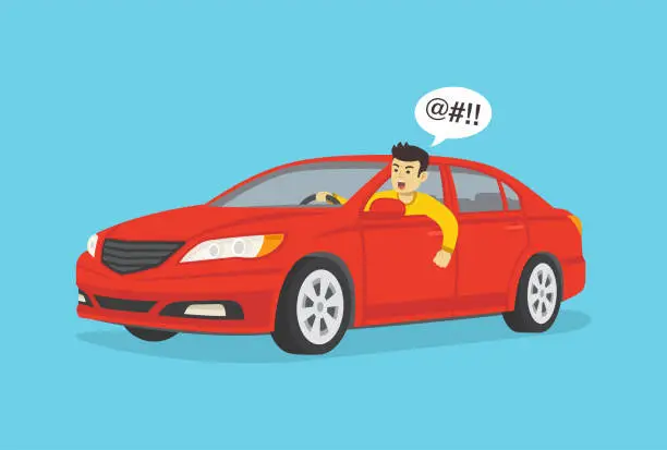 Vector illustration of Isolated yelling angry car driver. Aggressive young male driver shouting to someone.