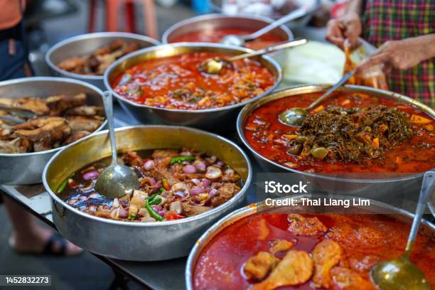 Various Choice Of Food For Picking At Market Stall Known As Economy Rice In Malaysia Stock Photo - Download Image Now