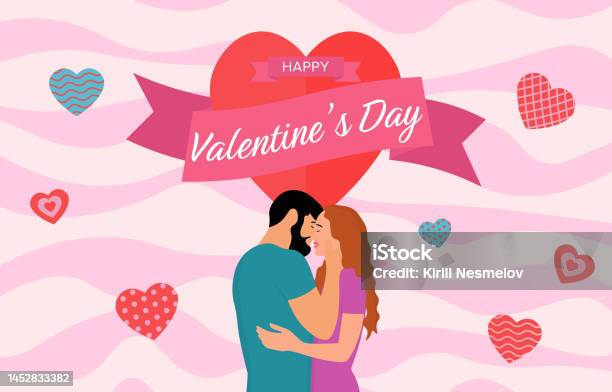Happy Valentines Day Flat Background With Embracing And Kissing Couple On  Background From The Funny Hearts And Color Clouds Stock Illustration -  Download Image Now - iStock
