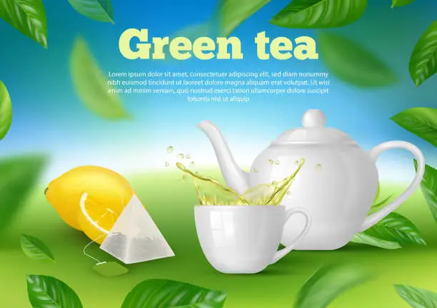 Vector illustration of Tea poster. Relax time hot liquid products in kettle decent vector ads placard template