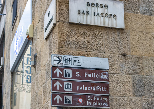 Hotel Lungarno on Borgo San Jacopo at Florence in Tuscany, Italy, with stickers on the street sign