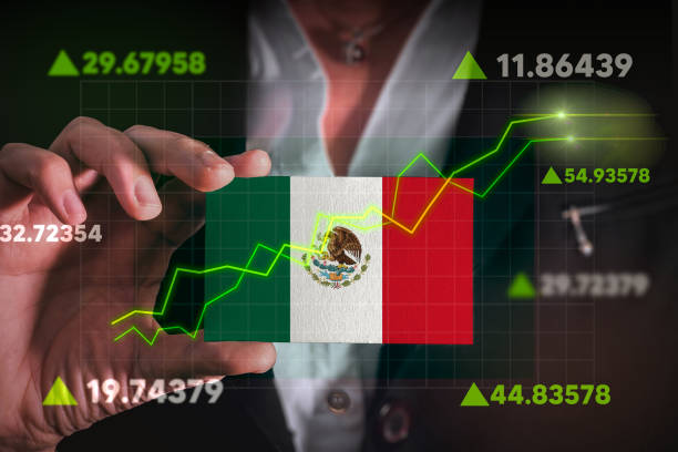 Graph growing up in Front Of Mexico Flag. stock photo