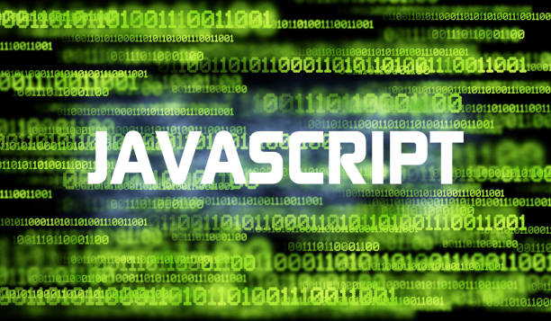 Word JavaScript and abstract cyberspace with binary code on dark background. JavaScript programming language. javascript stock illustrations