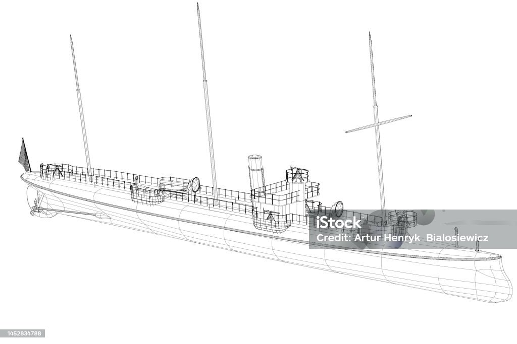 3d illustration. Historical, French warship - torpedo and gunboat Illustration Stock Photo