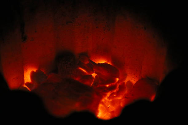Charcoal fire flame burning in the Japanese grill pot \