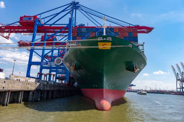 Hamburg, Germany – July 17, 2018: A low-angle shot of a container ship dockedat a harbor in Hamburg, Germany