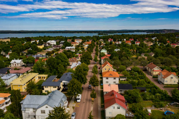 suburbs of Mariehamn city 01 Aerial view traffic in the suburbs of Mariehamn city, summer in Aland, Finland åland islands stock pictures, royalty-free photos & images