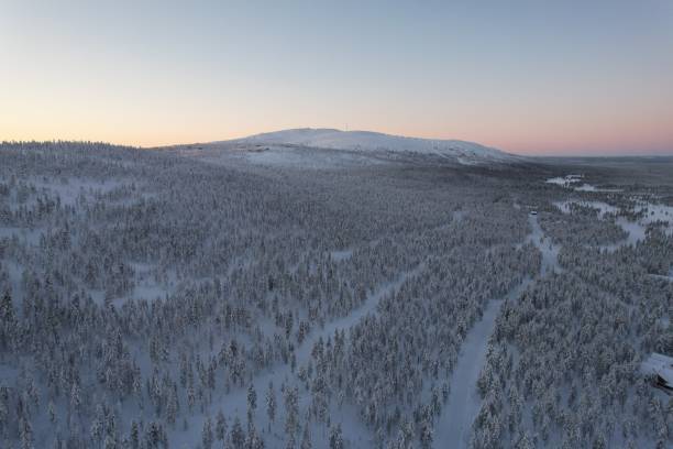 istock Aerial view of a hut in a snowy forest 1452838464