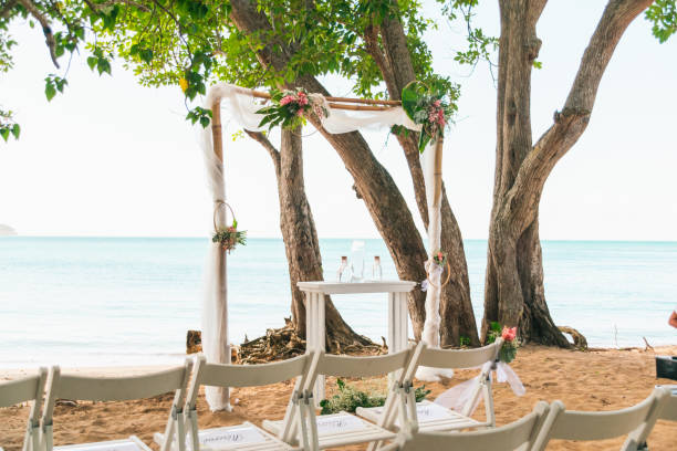 istock Simple beach wedding set up on the seaside 1452838486