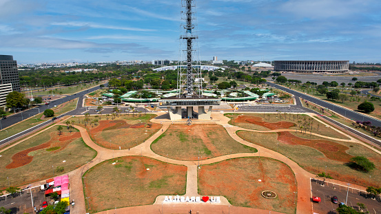 Brasilia, Brazil – October 10, 2021: A bird's eye view of the television tower in a park in Brasilia