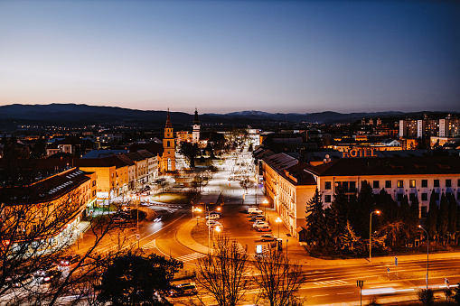 Zvolen, Slovakia – March 25, 2022: The Main square of Zvolen city, buildings and street lights at the blue hour, Slovakia