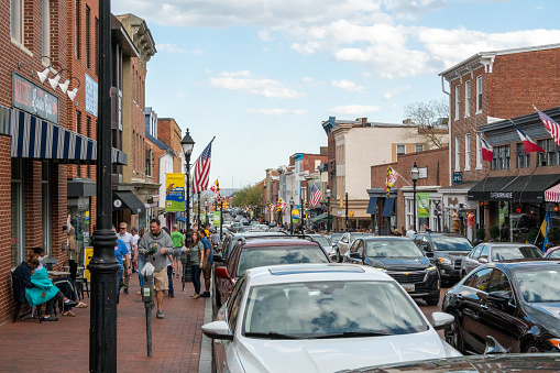 Annapolis, United States – April 16, 2022: The people and traffic in the main street of Annapolis, Maryland, USA
