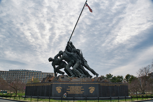 rosslyn, United States – April 04, 2022: A Marine Corps War Memorial under a cloudy sky in Arlington, Virginia, USA