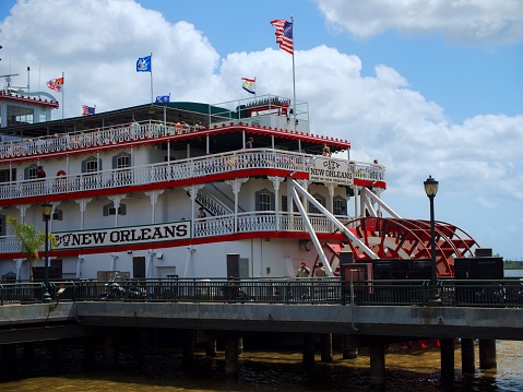 New Orleans, United States – April 23, 2022: A closeup of the City of New Orleans Riverboat sits on the dock at Woldenberg Park in New Orleans