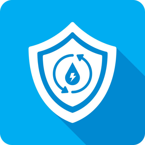 Shield Hydraulic Power Icon Silhouette Vector illustration of a shield with water drop and lightning bolt icon against a blue background in flat style. liquid battery stock illustrations