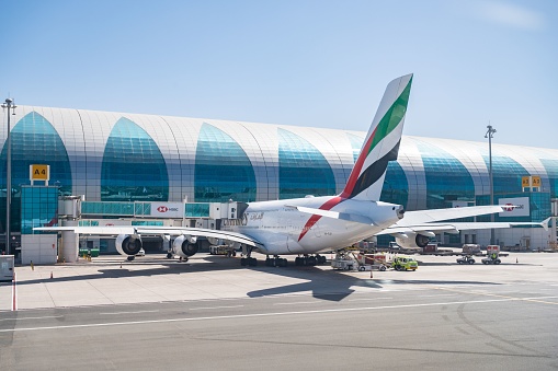 Dubai, United Arab Emirates – May 02, 2022: A beautiful shot of an EMIRATES large plane on the land ready at the airport in Dubai, UNITED ARAB EMIRATES
