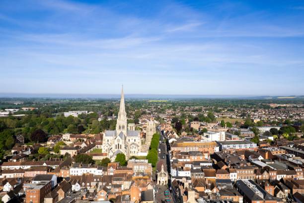 Aerial panorama of Chichester city centre, England, UK Aerial panorama of downtown Chichester, England, UK chichester stock pictures, royalty-free photos & images