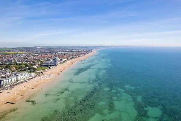 Aerial view of the coastline of the British seaside city of Worthing