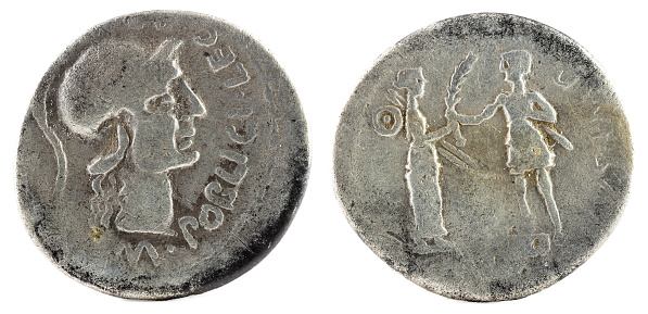 Roman Republic Coin. Ancient Roman silver denarius of the family Poblicia.