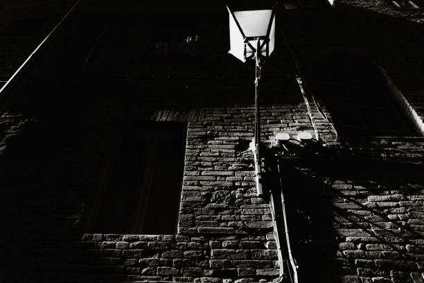 istock Low angle of a street light and electricity cables on a stone brick wall in greyscale 1452849780