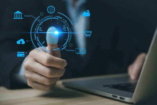 istock Businessman scans fingerprints for identity verification, Biometrics showing technology icons. cyber security concept computer password to access privacy 1452854251