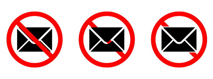 Mail ban icon. Letter is prohibited. Stop or ban red round sign with email icon. Vector illustration. Forbidden signs set.