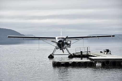 A seaplane landed on water by a dock in cloudy weather