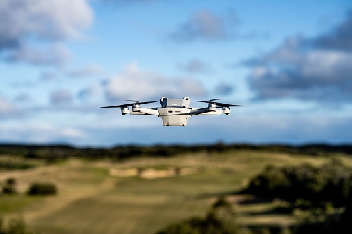 Melbourne, Australia – August 28, 2022: A selective of a DJI drone golf course St Andrews beach