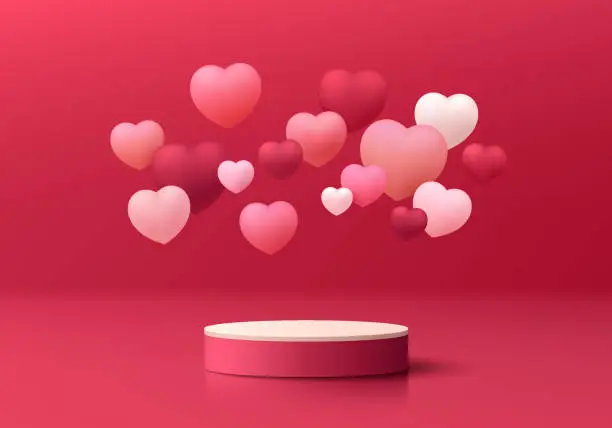 Vector illustration of Valentine 3D red background with realistic pink cylinder pedestal podium, Floating flying hearts balloon. Minimal wall scene mockup product display. Abstract geometric forms. Round stage for showcase.