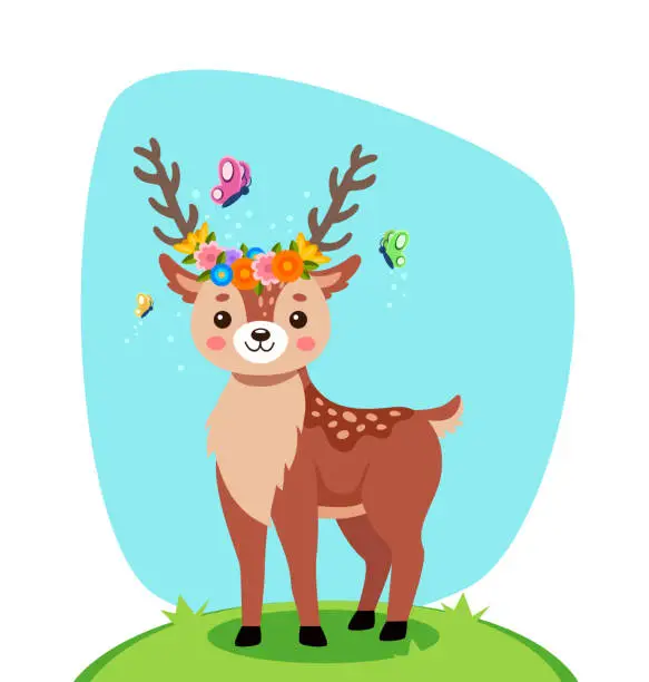 Vector illustration of Cute comic deer with flower crown on hill vector illustration