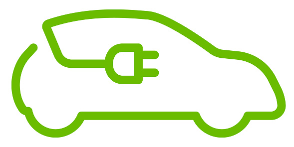 Outline Vector Illustration of Car With Plug. Electric Vehicle Icon in Green Color. Hatchback Car.