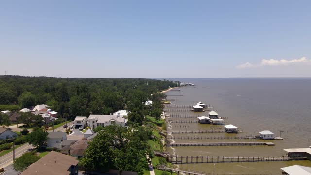 Aerial shot of docks in Fairhope, Alabama