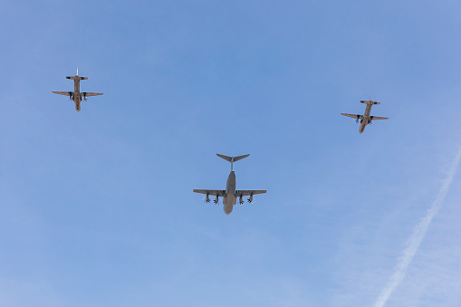 Three aircraft of the Spanish Air Force participating in the air parade of the National Day of October 12 - Madrid