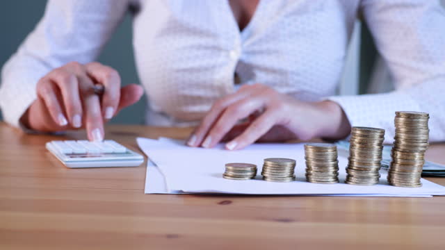 Female accountant making income and expense accounts and taking note of invoice records