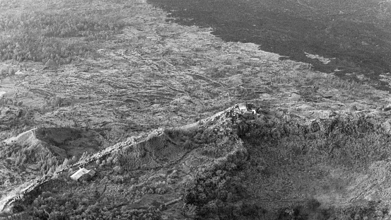 From above black and white photo of Kintamani landscape