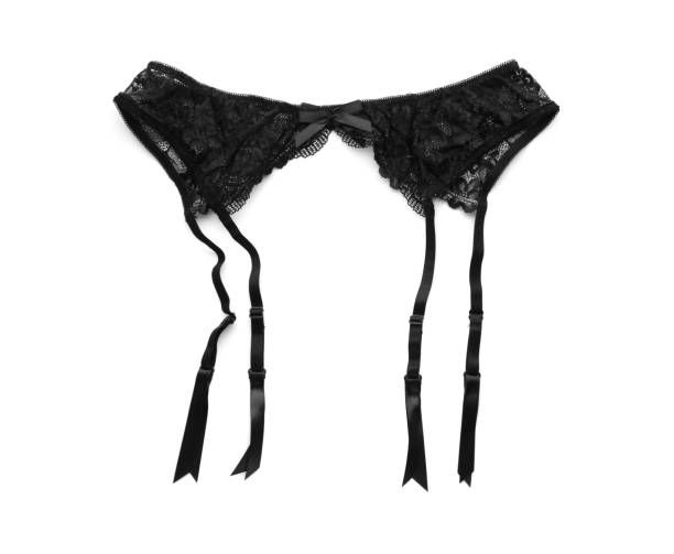 istock Black garter belt on white background, top view. Accessory for sexual roleplay 1452868669