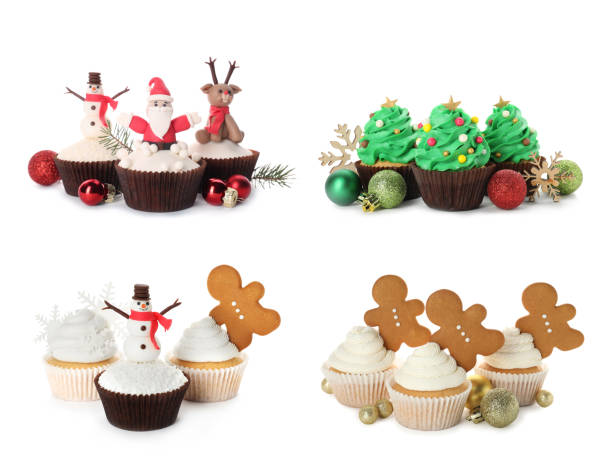 白い背景においしいカップケーキとクリスマスの装飾、コラージュ - group of objects christmas ornament christmas decoration ストックフォトと画像