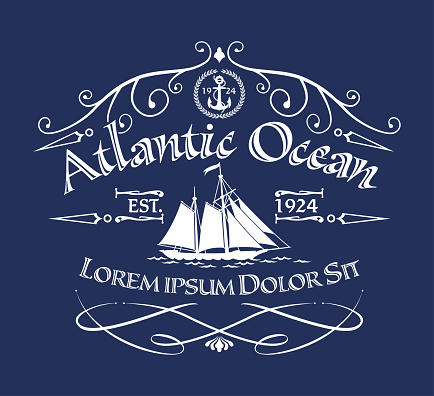 Vector Illustration of a Beautiful Clip Art of an Ancient Sailing Ship with Atlantic Ocean Lettering Design Element. T-shirt design concept.