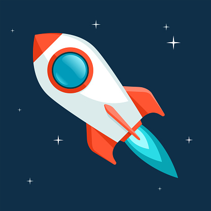 Rocket ship icon in flat style. Spacecraft takeoff on space background. Start up illustration. Vector design object for you project