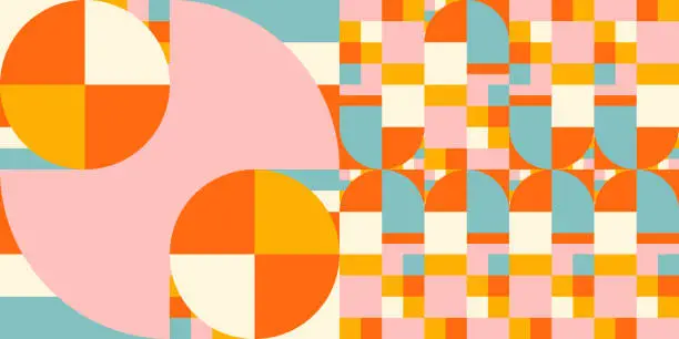 Vector illustration of Modern vector abstract  geometric background with circles, rectangles and squares  in retro Scandinavian style. Pastel colored simple shapes graphic pattern. Abstract mosaic artwork.