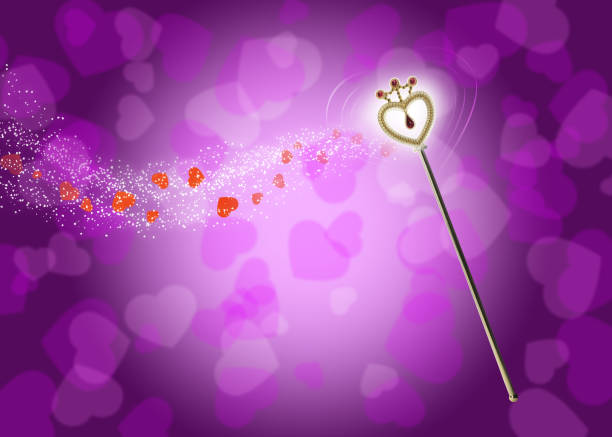 Beautiful magic wand with fairy sparkle on violet background