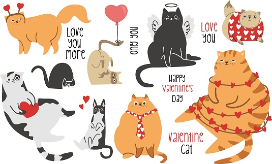 Cute vector set for Valentine's Day. Funny cats with hearts and funny clothes. Holiday inscriptions for Valentine's Day