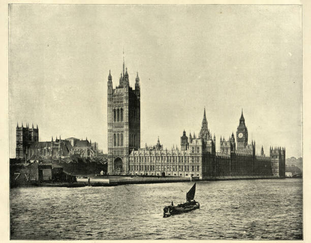 illustrations, cliparts, dessins animés et icônes de chambres du parlement, londres, abbaye de westminster en arrière-plan, tamise, 19ème siècle victorien, photographie d’époque - abbaye-de-westminster